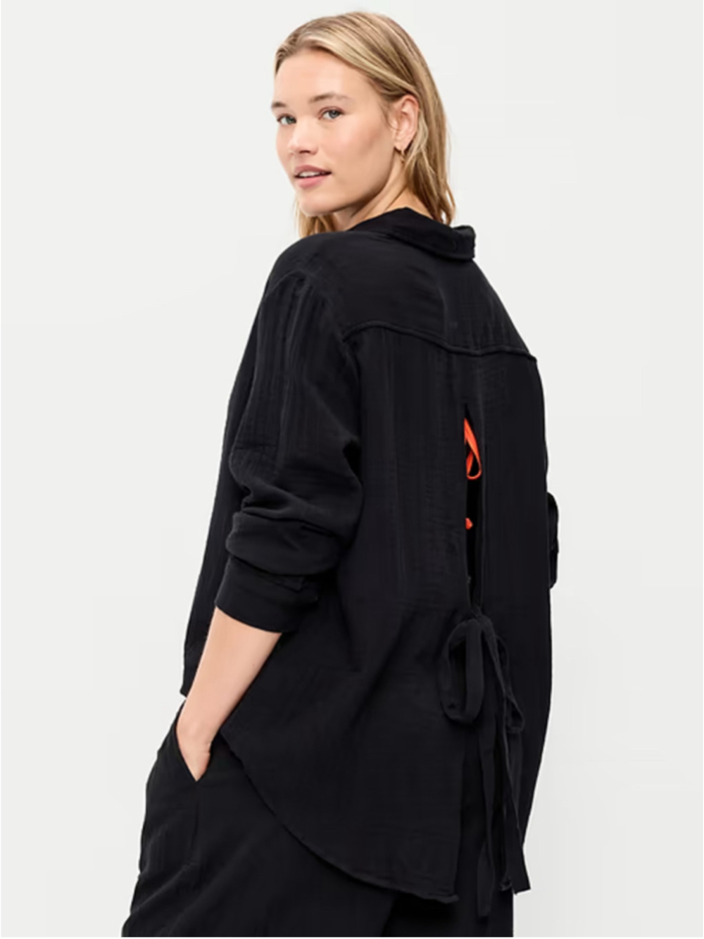 Oversized Black Flowy Open-Back Crinkle Gauze Button-Down Shirt Tie Detail